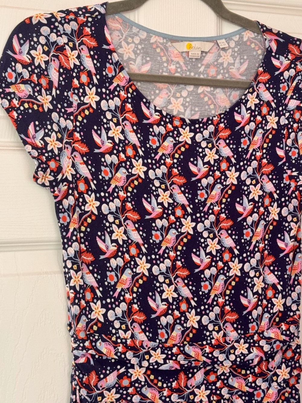 Boden Amelie Navy Bird & Floral Print Jersey Dress, With pockets!